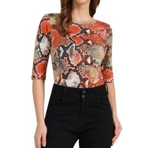 Elbow Sleeves Top Round Neck Slim Fit Tee Print T-Shirt Multicolor-Snake